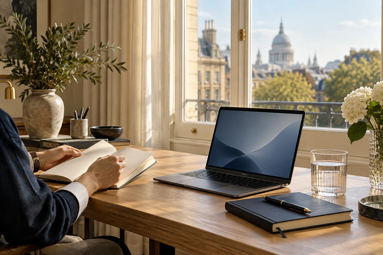 A calm home workspace with a laptop and notebook beside a sunlit window
